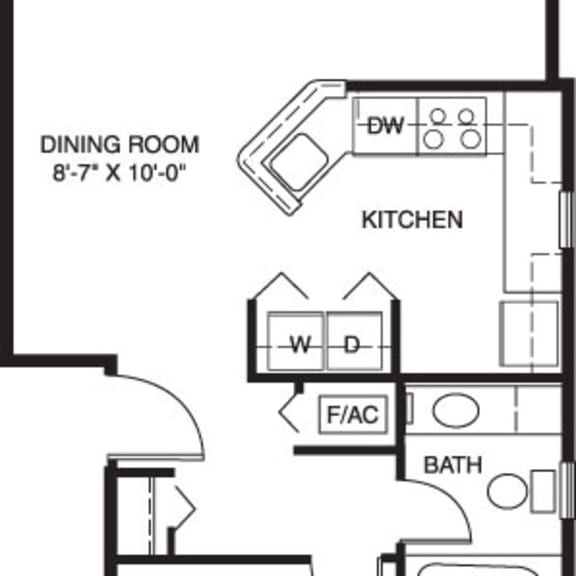 Thumbnail 2 of 9 One bedroom end 2D floor plan at Tall Oaks Apartment Homes, Kalamazoo, MI, 49009
