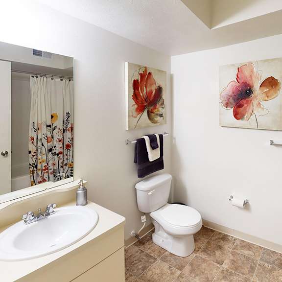 Thumbnail 4 of 7 A bathroom with a toilet, sink, and a painting on the wall at Tracy Creek Apartment Homes, Perrysburg, OH, 43551