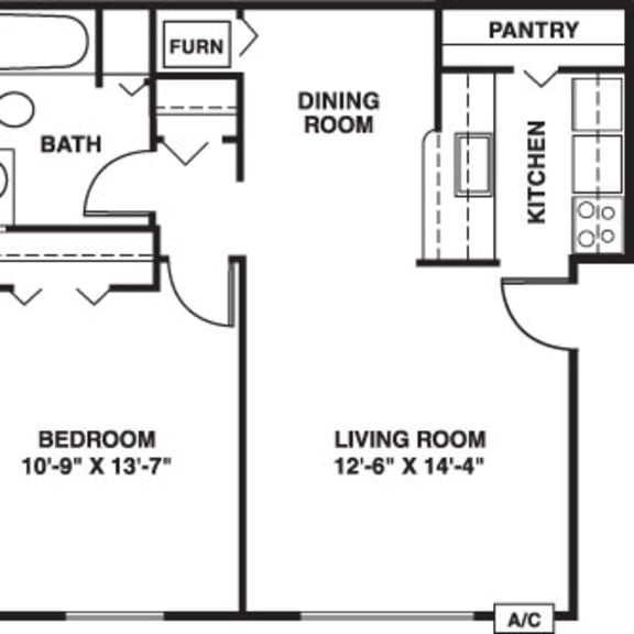 Thumbnail 2 of 9 One bedroom cape cod 2D floor plan at Trappers Cove Apartments, Lansing, MI, 48910