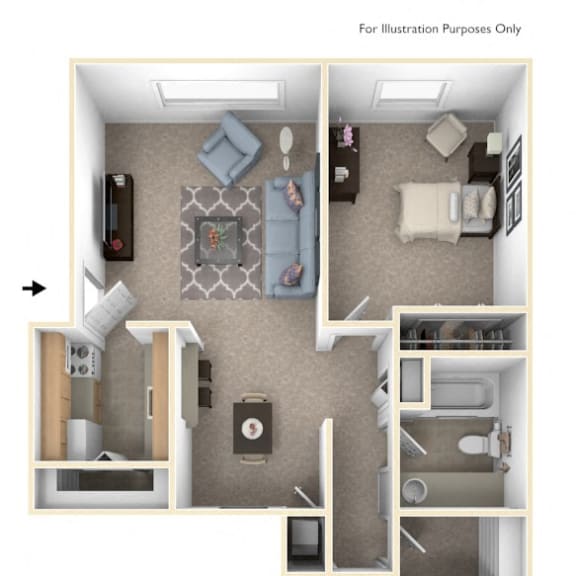 Thumbnail 1 of 9 2 Bed 3D Floor Plan at Trappers Cove Apartments, Lansing, MI