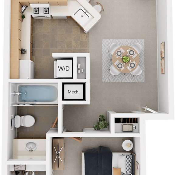 Thumbnail 1 of 6 One Bedroom Alpine 3D Floor Plan at Trappers Cove Apartments, Lansing, MI, 48910