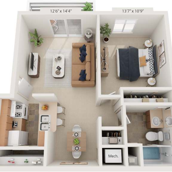 Thumbnail 1 of 9 One Bedroom Cape Cod 3D Floor Plan at Trappers Cove Apartments, Lansing, MI