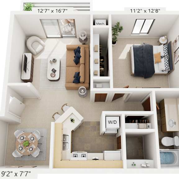 Thumbnail 1 of 11 One Bedroom Madrid 3D Floor Plan at Trappers Cove Apartments, Lansing, 48910