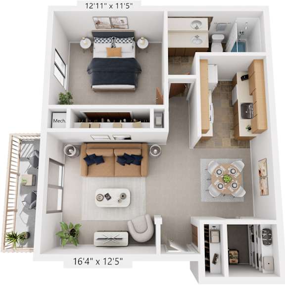 Thumbnail 1 of 7 One Bedroom Seville 3D Floor Plan at Trappers Cove Apartments, Lansing, Michigan