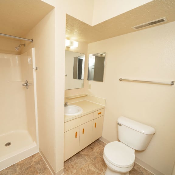 Thumbnail 12 of 12 a bathroom with a toilet sink and a shower at Trillium Pointe Apartment Homes, Jackson, Michigan