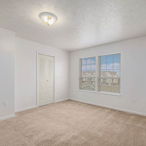Thumbnail 12 of 19 A bedroom with a carpeted floor, a walk-in closet, and a window with a view at Trillium Pointe Apartment Homes, Michigan, 49201