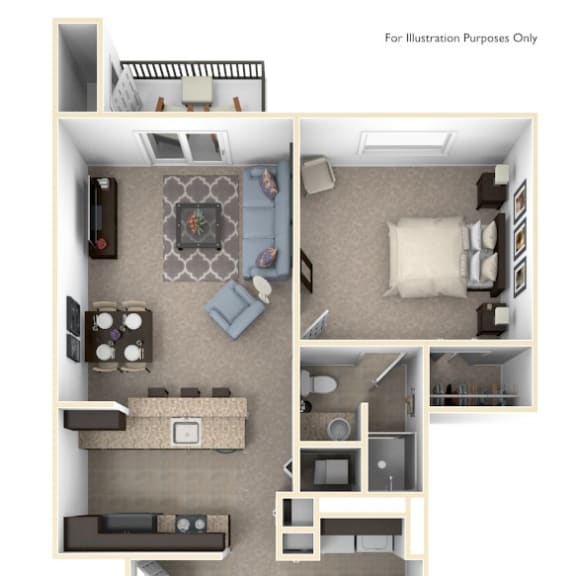 Thumbnail 1 of 9 a stylized floor plan with a bedroom and a living room at Andover Pointe Apartment Homes, La Vista, Nebraska
