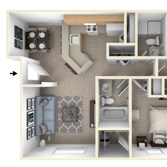 Thumbnail 1 of 6 2 Bed 2 Bath Two Bedroom, One & One-half Bath Seville Floor Plan at South Bridge Apartments, Fort Wayne, IN, 46816