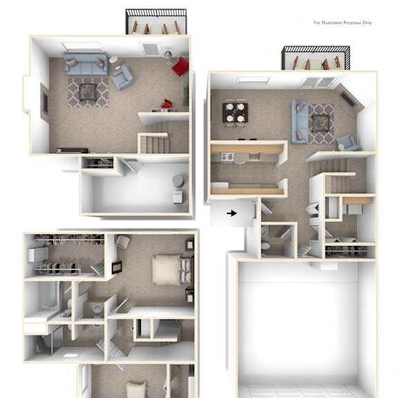 Thumbnail 1 of 28 Two Bedroom Two-Story Floorplan at Gull Prairie/Gull Run Apartments and Townhomes, Michigan, 49048