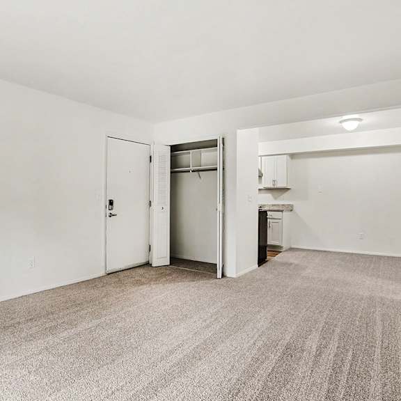 Thumbnail 6 of 11 A living and dining room with a carpeted floor and a closet at Walnut Trail Apartments, Michigan