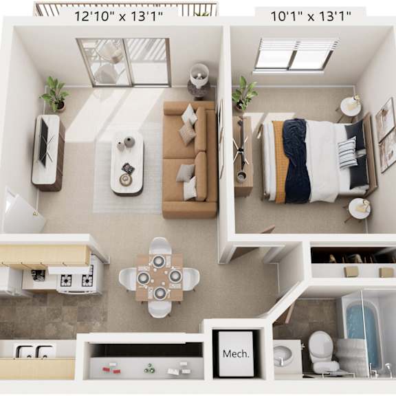 Thumbnail 1 of 5 One Bedroom - Standard 3D Floor Plan at Walnut Trail Apartments, Michigan