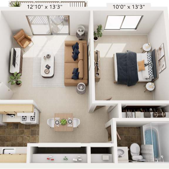 Thumbnail 1 of 12 One Bedroom 3D Floor Plan at Waverly Park Apartments, Lansing, Michigan