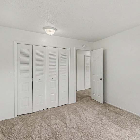 Thumbnail 12 of 12 A bedroom with white walls and a carpeted floor with a large white closet at Waverly Park Apartments, Lansing, Michigan