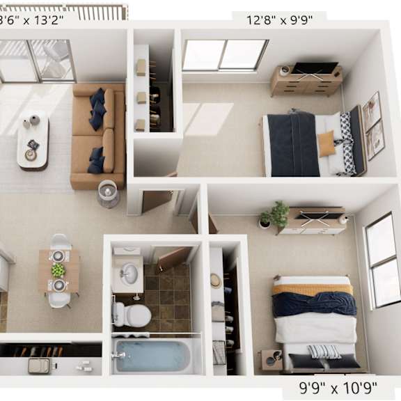 Thumbnail 1 of 15 Two Bedroom 3D Floor Plan at Waverly Park Apartments, Lansing