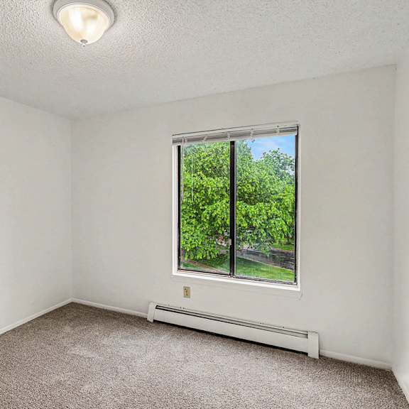 Thumbnail 12 of 15 A bedroom with a large window and plush carpeting at Waverly Park Apartments, Lansing, Michigan