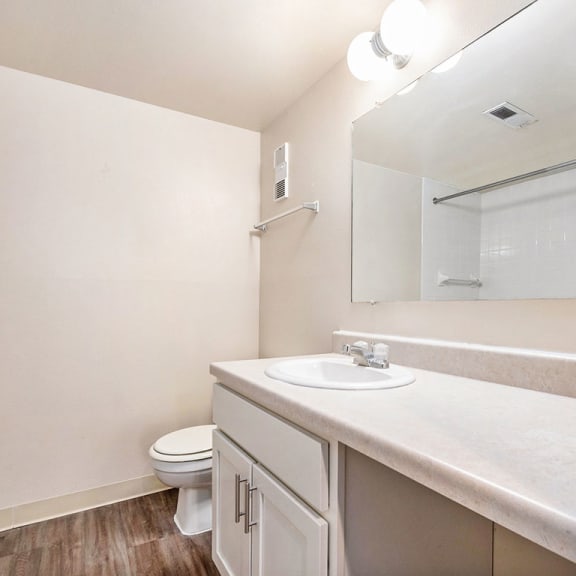 Thumbnail 8 of 10 an upgraded bathroom with a large mirror at West Wind Apartments in Fort Wayne, IN