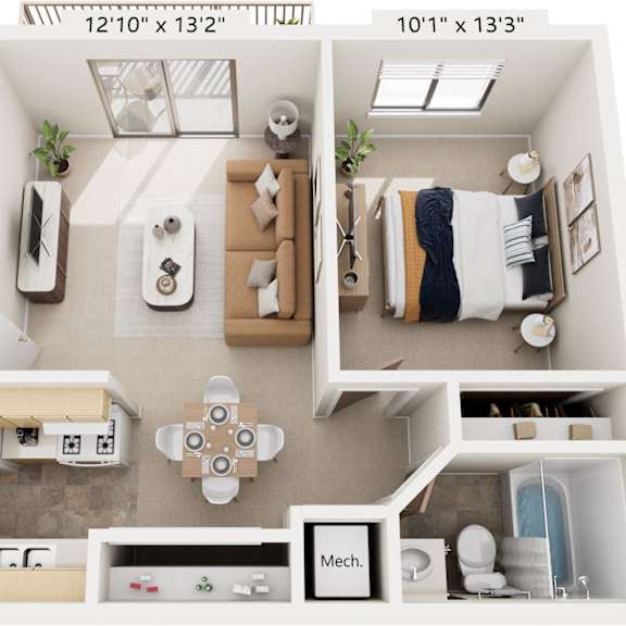 Thumbnail 1 of 8 One Bedroom Standard 3D Floor Plan at West Wind Apartments, Indiana, 46808