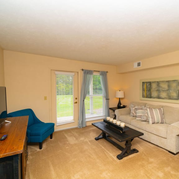 Thumbnail 4 of 14 A living room with a French door leading to a patio at West Hampton Park Apartment Homes, Elkhorn, NE