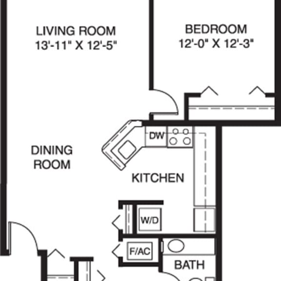 Thumbnail 2 of 8 Two bedroom one bath 2D floor plan at Windmill Lakes Apartments, Holland, Michigan