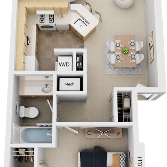 Thumbnail 1 of 10 One Bedroom, One Bath 3D Floor Plan at Windmill Lakes Apartments, Holland, Michigan