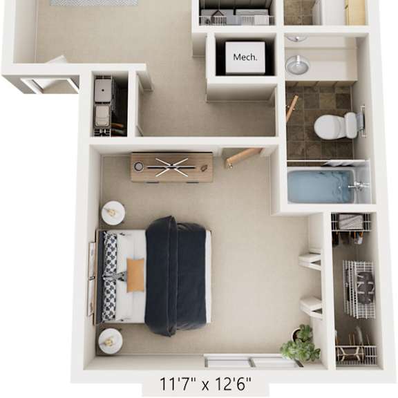 Thumbnail 1 of 7 One Bedroom End 3D Floor Plan at Windmill Lakes Apartments, Holland, MI, 49424