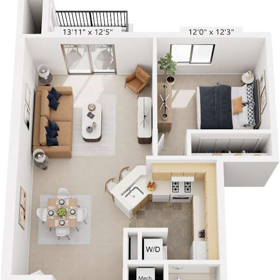 Thumbnail 1 of 8 Two Bedroom, One Bathroom 3D Floor Plan at Windmill Lakes Apartments, Holland