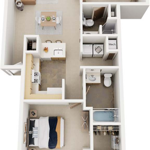 Thumbnail 1 of 9 Two Bedroom, Two Bathroom 3D Floor Plan at Windmill Lakes Apartments, Michigan