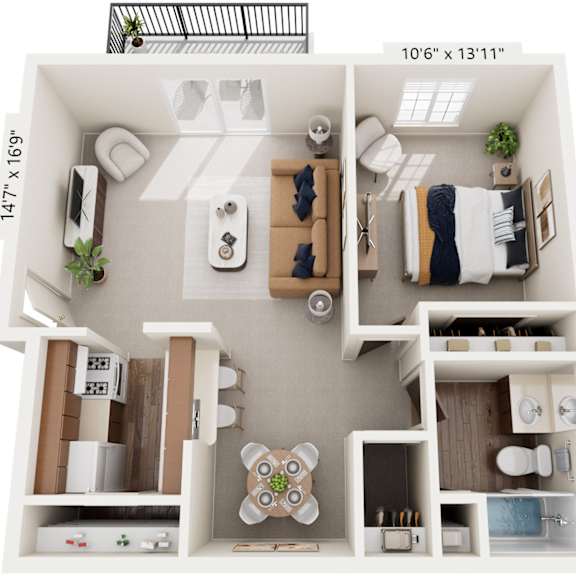 Thumbnail 1 of 7 One Bedroom - Classic 3D Floor Plan at Wood Creek Apartments, Kenosha, Wisconsin