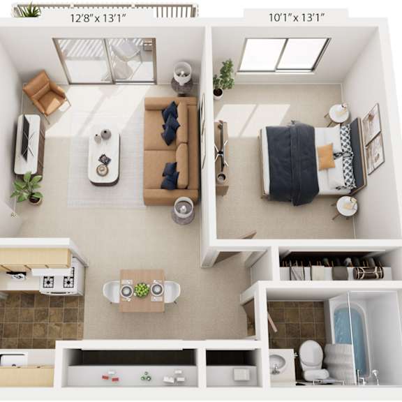 Thumbnail 1 of 9 One Bedroom Standard 3D Floor Plan at Wood Creek Apartments, Kenosha