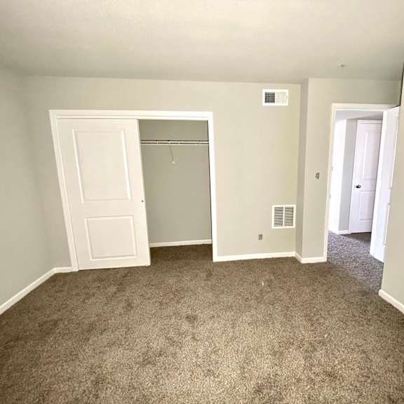 a room with a carpeted floor and a closet with a door open.