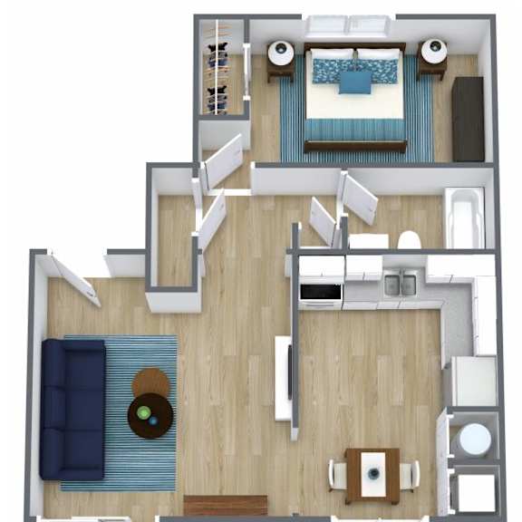 a top-down view of a living room with a couch, coffee table, and television.