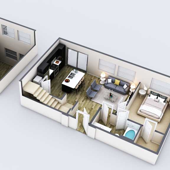 Thumbnail 1 of 2 A 3D floor plan of a two bedroom apartment.