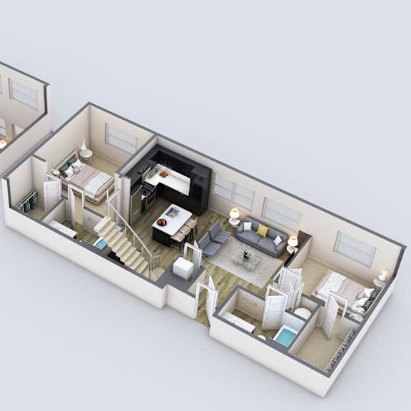 Thumbnail 1 of 3 A 3D floor plan of a two-bedroom apartment.