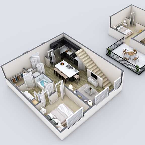 Thumbnail 1 of 2 A 3D model of a house with a kitchen, living room, and bathroom.