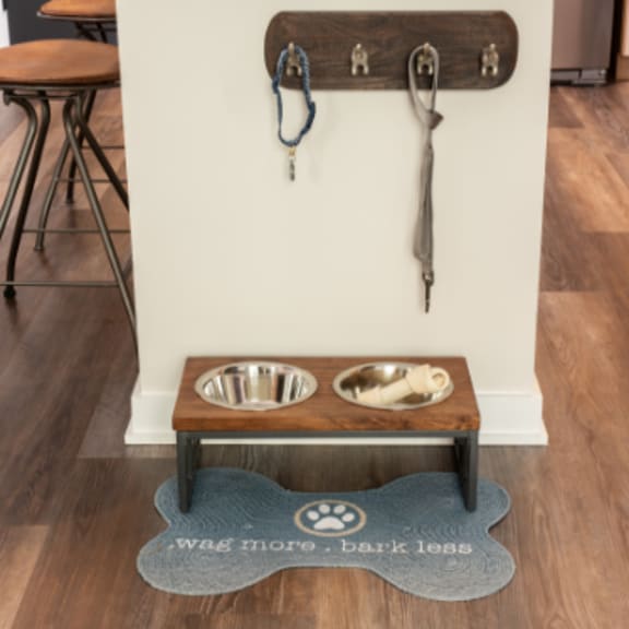 a dog bowl and water bowl on a table