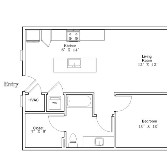 Thumbnail 2 of 3 A floor plan of a small apartment with a kitchen, living room, bedroom, and bathroom.