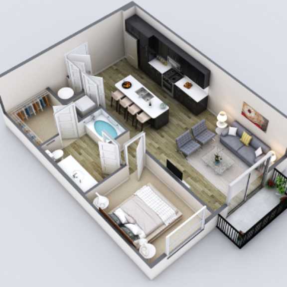 Thumbnail 1 of 3 a 3d floor plan of a house with a bedroom and a living room
