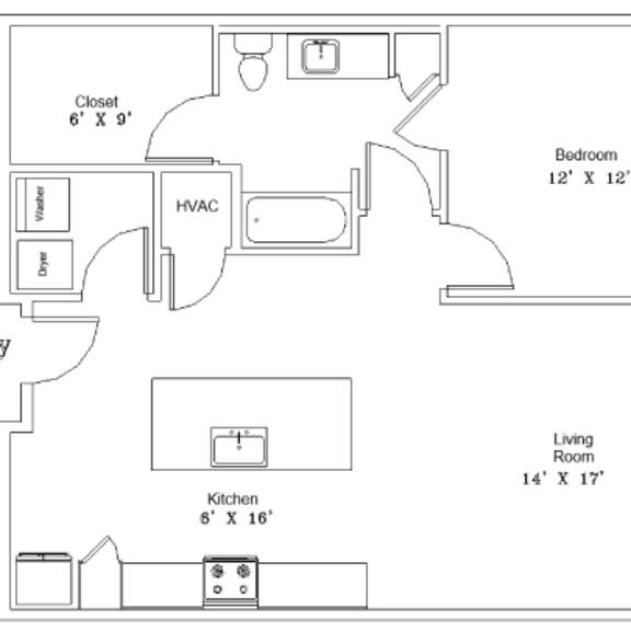 Thumbnail 2 of 2 A floor plan of a small apartment with a living room, kitchen, bedroom, and bathroom.