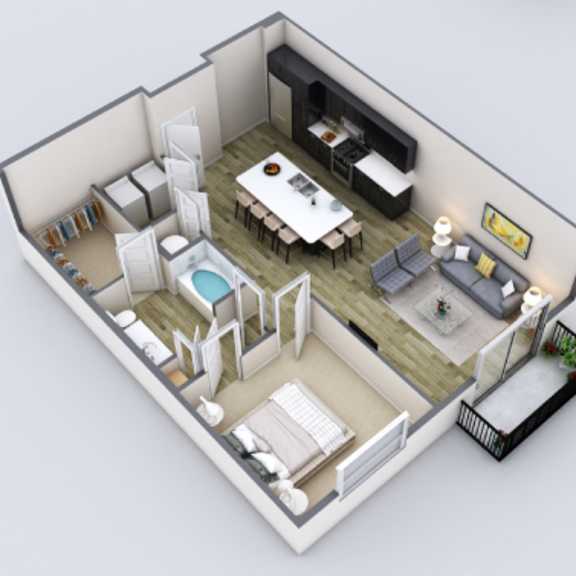 Thumbnail 1 of 2 A 3D rendered image of a small apartment layout.