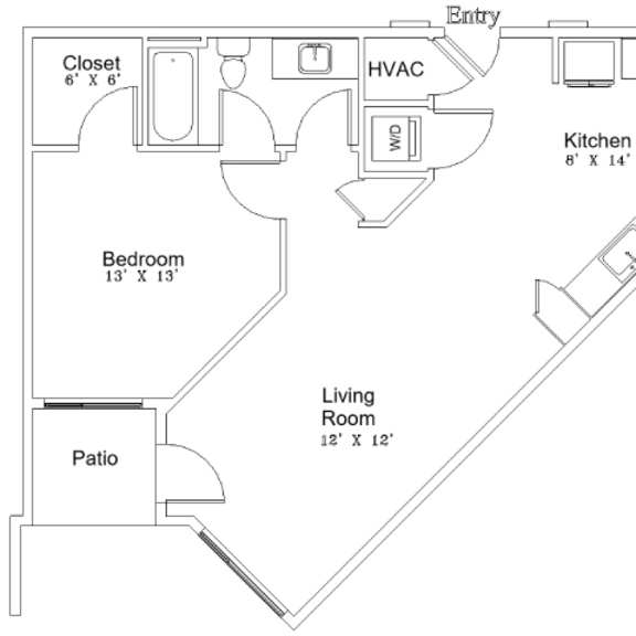Thumbnail 5 of 5 A floor plan of a home with a living room, bedroom, patio, kitchen, and closet.