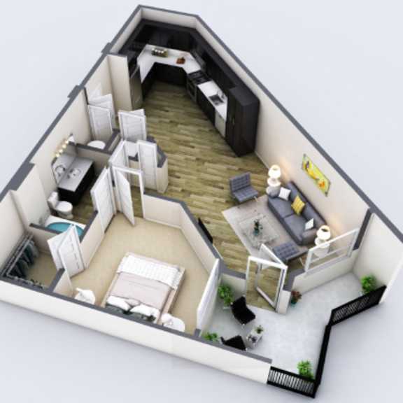 Thumbnail 1 of 5 A 3D model of a house with a kitchen, living room, and bedrooms.