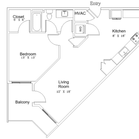 Thumbnail 4 of 5 A floor plan of a small apartment with a living room, bedroom, kitchen, and balcony.