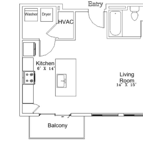 Thumbnail 2 of 2 A floor plan of a small apartment with a kitchen, living room, and bedroom.