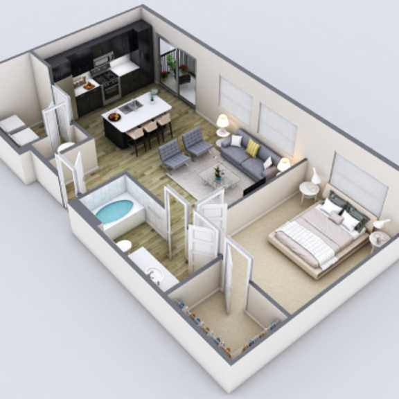 Thumbnail 1 of 2 A 3D rendered image of a modern apartment layout.