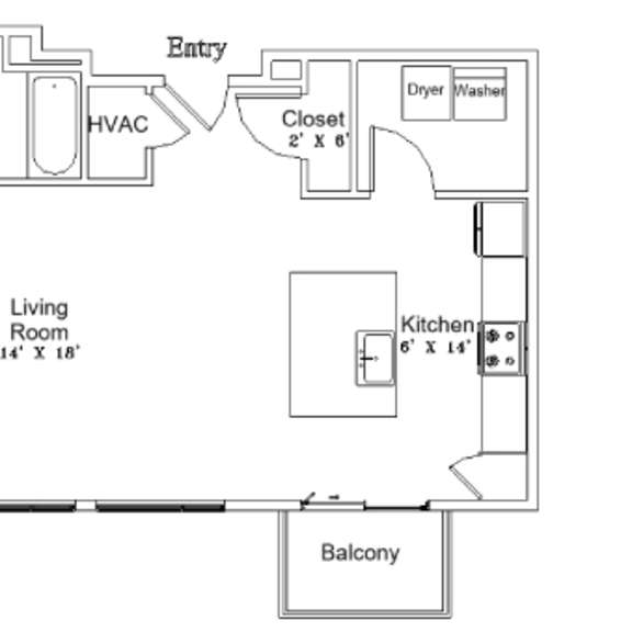 Thumbnail 2 of 2 A floor plan of a home with a bedroom, living room, kitchen, and closet.