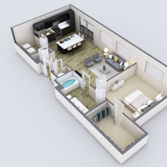 Thumbnail 1 of 2 A 3D rendered image of a modern house layout.