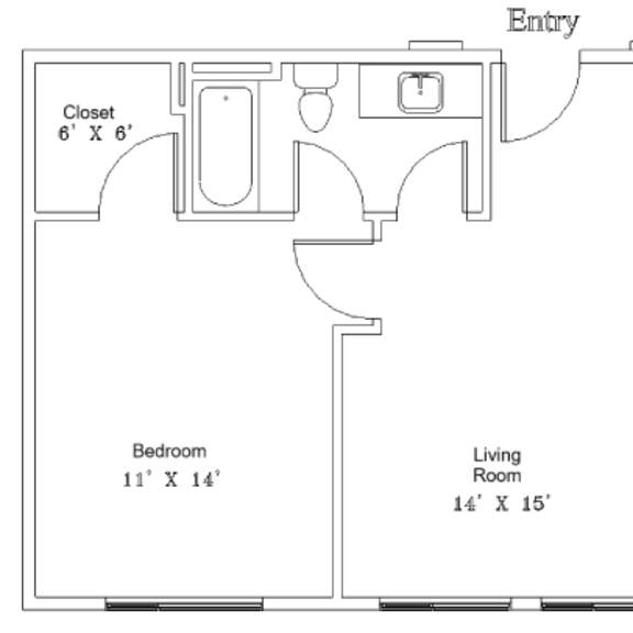 Thumbnail 2 of 2 A floor plan of a small apartment with a bedroom, living room, kitchen, and closet.
