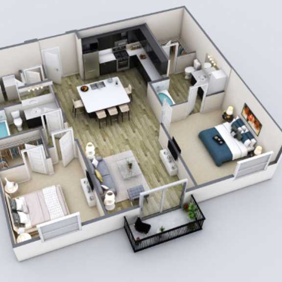Thumbnail 1 of 2 A 3D rendered image of a small apartment layout.