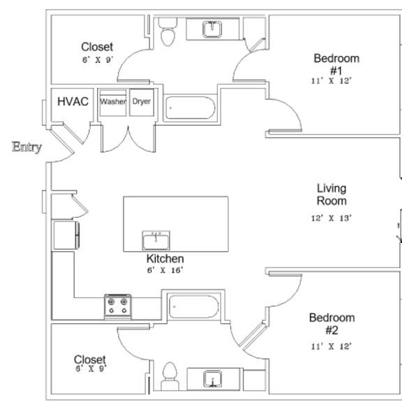 Thumbnail 2 of 2 A floor plan of a small apartment with two bedrooms, a living room, a kitchen, and a closet.