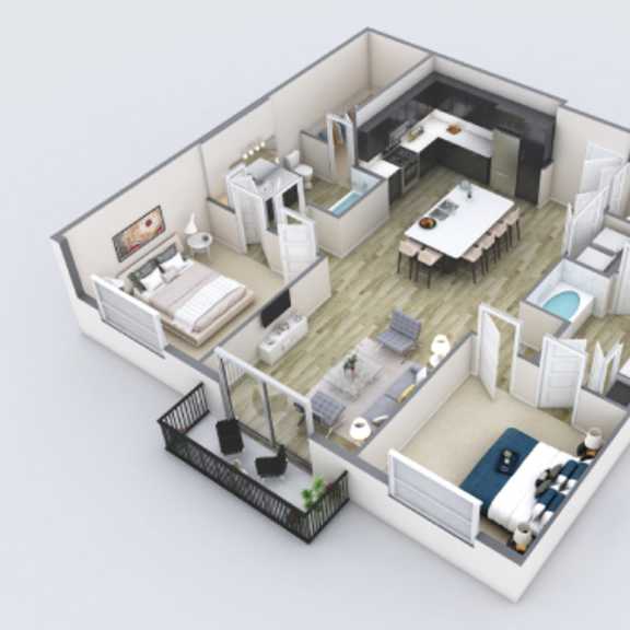 Thumbnail 1 of 2 A 3D rendered image of a modern apartment layout.